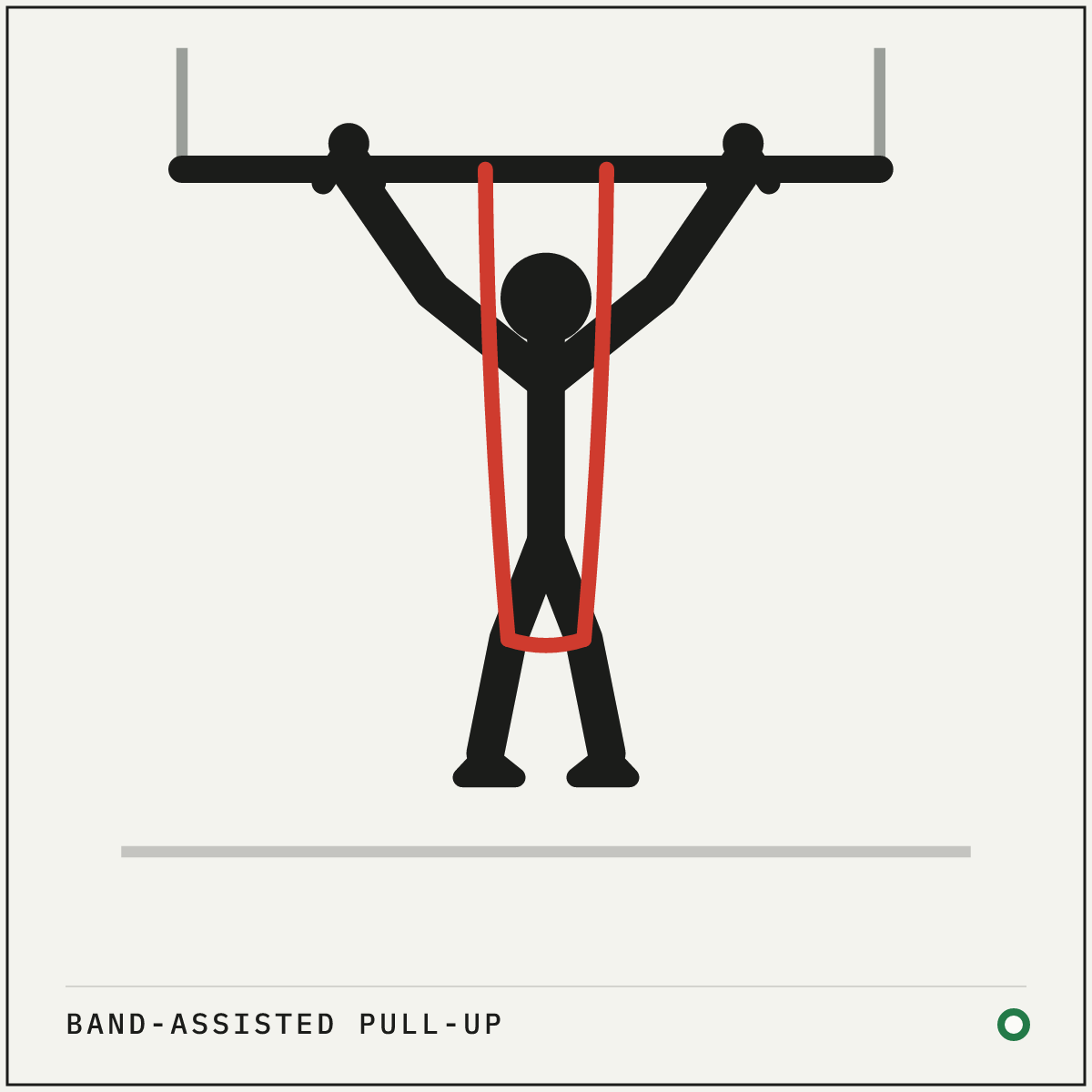 Band-assisted pull-up demonstration figure: Loop a band over the bar and pull one end through the other so it hangs down.