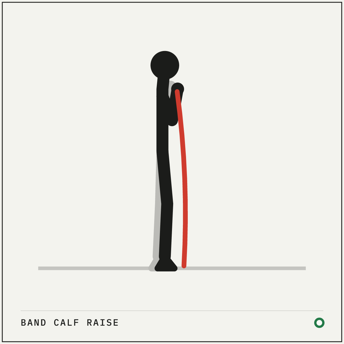 Band calf raise demonstration figure: Stand tall with the middle of a resistance band looped under the balls of your feet.