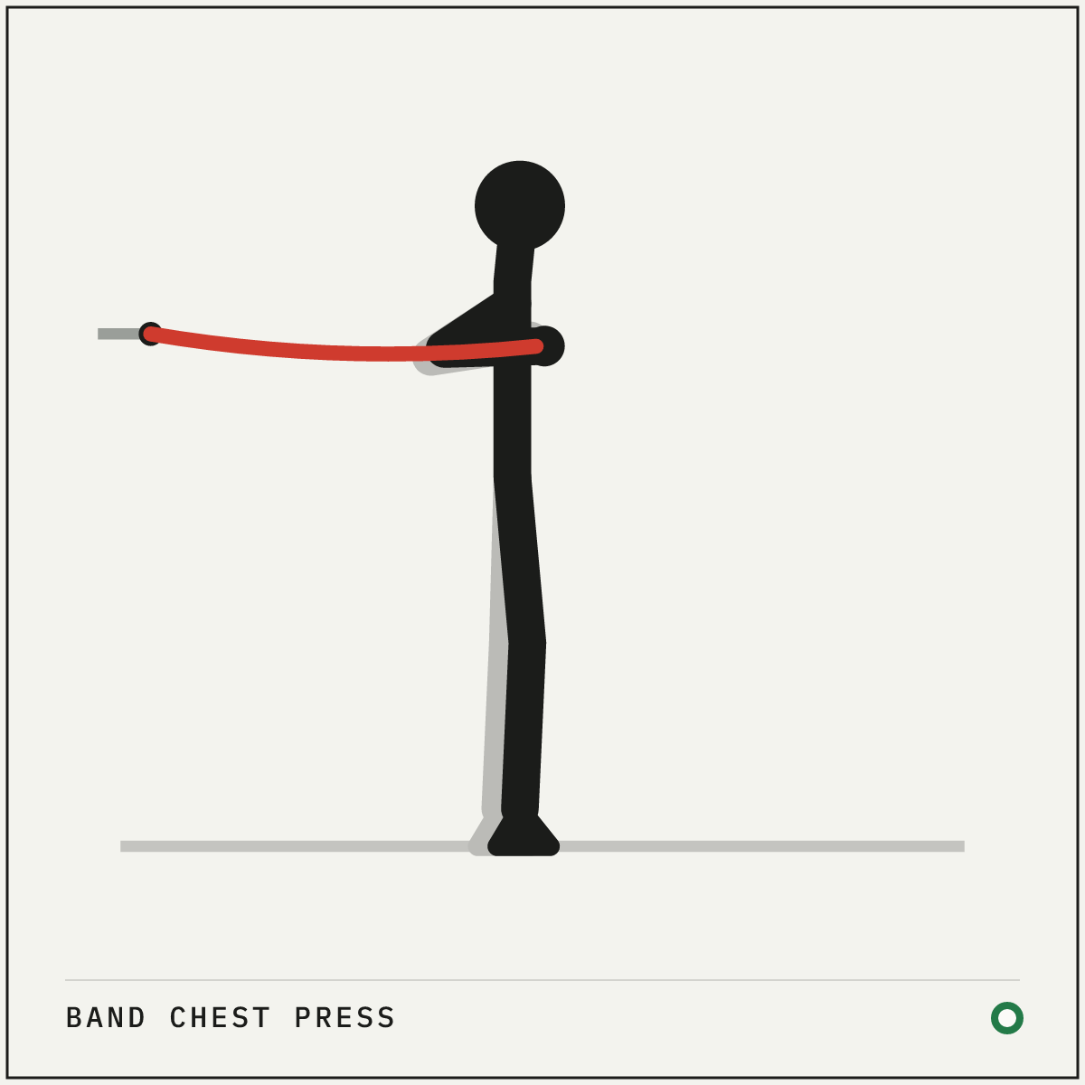 Band chest press demonstration figure: Anchor the band behind you at chest height, on a door anchor or a sturdy post.