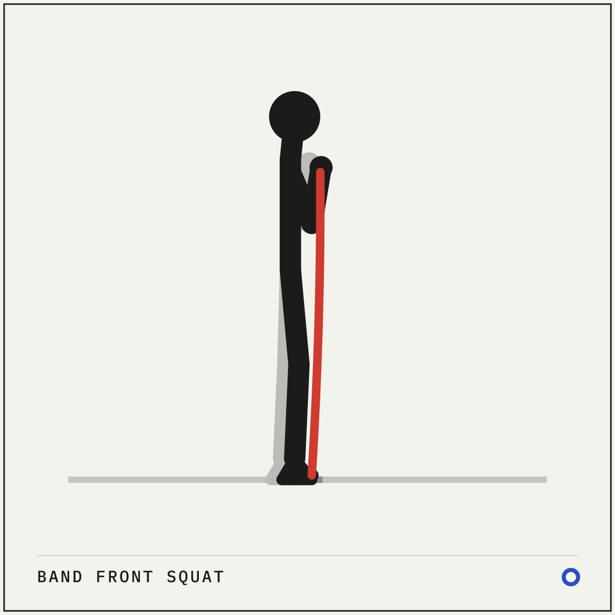 Band front squat demonstration figure: Stand tall with the middle of a resistance band looped under the balls of both feet.