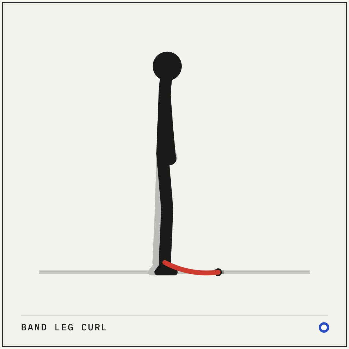 Band leg curl demonstration figure: Anchor a band at floor level and loop the free end around one ankle.