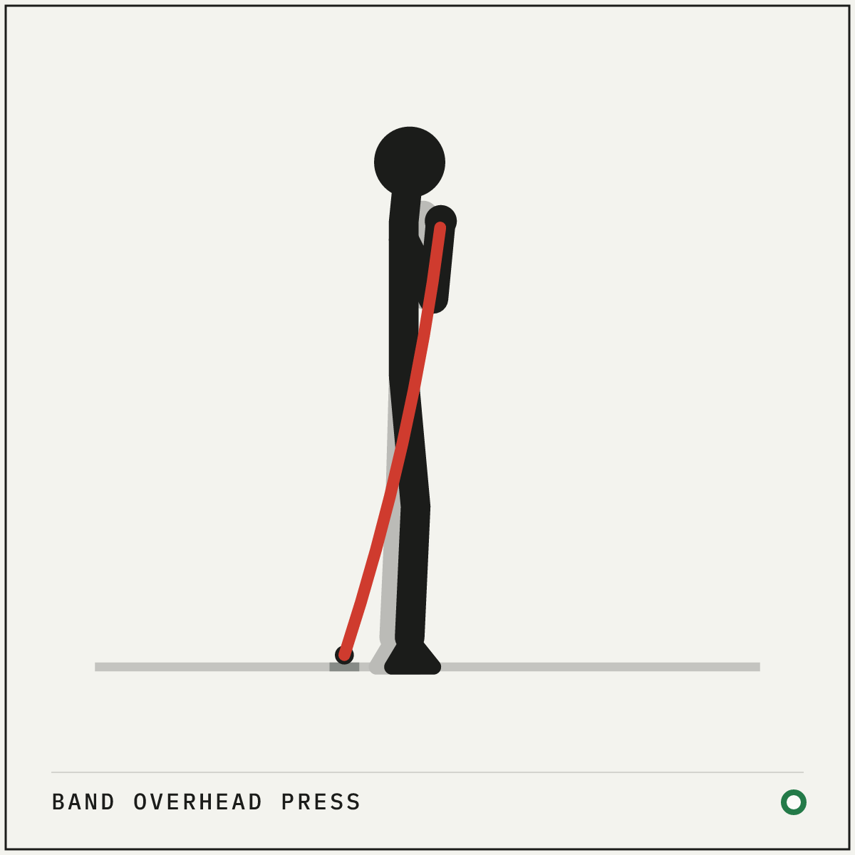 Band overhead press demonstration figure: Stand on the middle of the band with your feet hip-width apart.