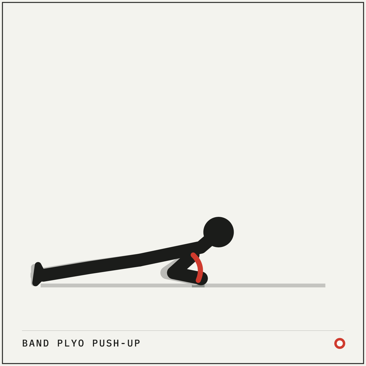 Band plyo push-up demonstration figure: Loop a resistance band across your upper back and pin one end under each hand on the floor, slightly wider than shoulder width.
