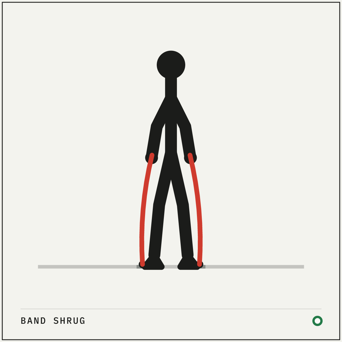 Band shrug demonstration figure: Stand on the middle of a band with your feet hip-width apart, an end in each hand.