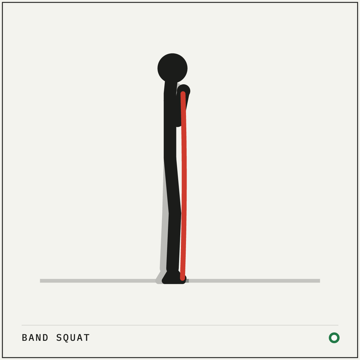 Band squat demonstration figure: Stand tall with the middle of a resistance band looped under the balls of both feet.