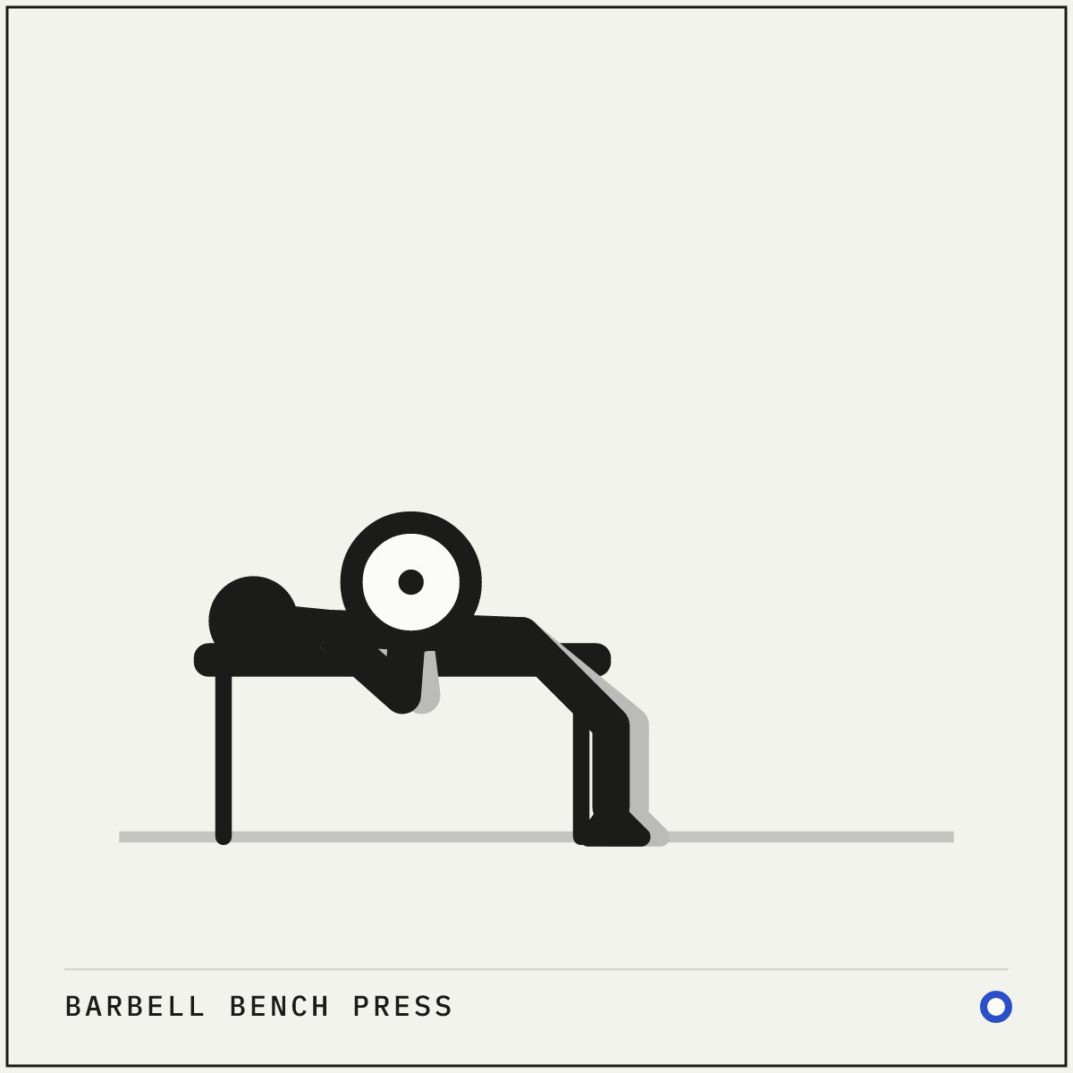 Barbell bench press demonstration figure: Lie back with your eyes under the bar and your feet flat on the floor.