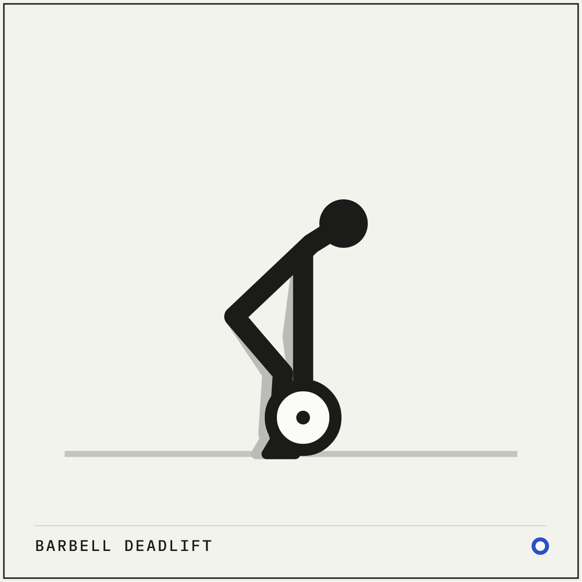 Barbell deadlift demonstration figure: Stand with the bar over the middle of your feet, shins about an inch away from it.