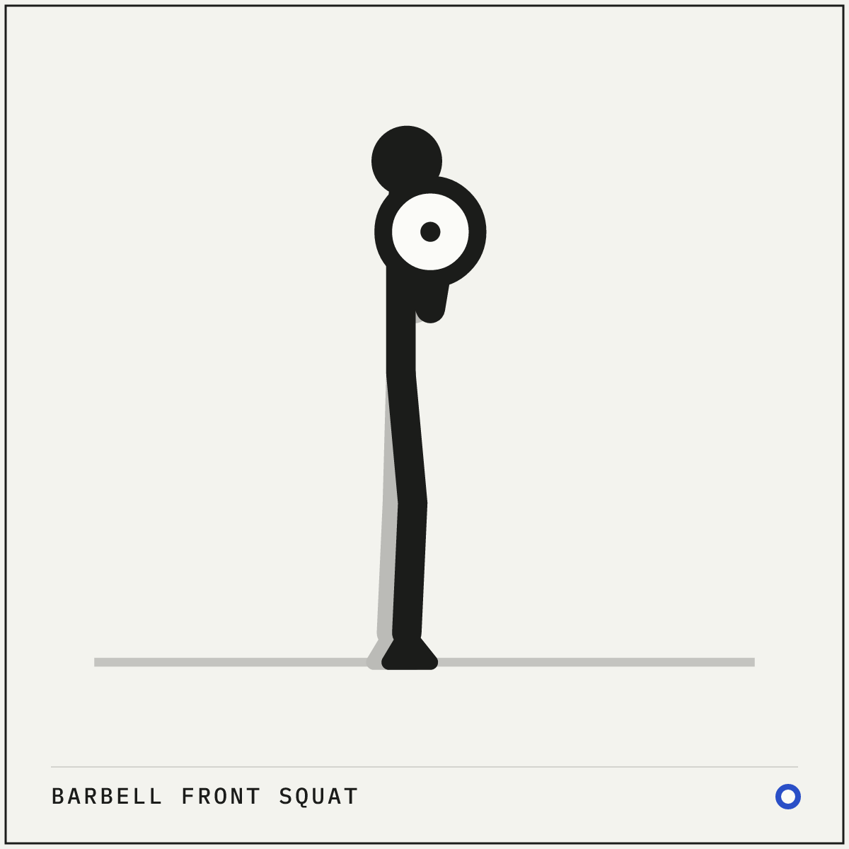 Barbell front squat demonstration figure: Rest the bar on the front of your shoulders, fingertips under it just outside shoulder width, and lift your elbows until your upper arms are close to parallel with the floor.