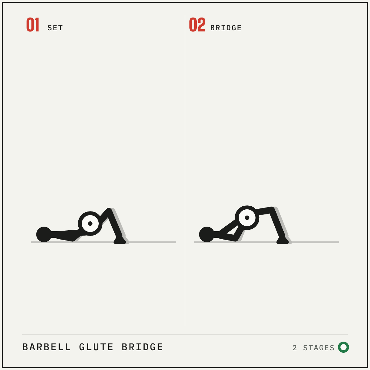 Barbell glute bridge in 2 stages: set, bridge