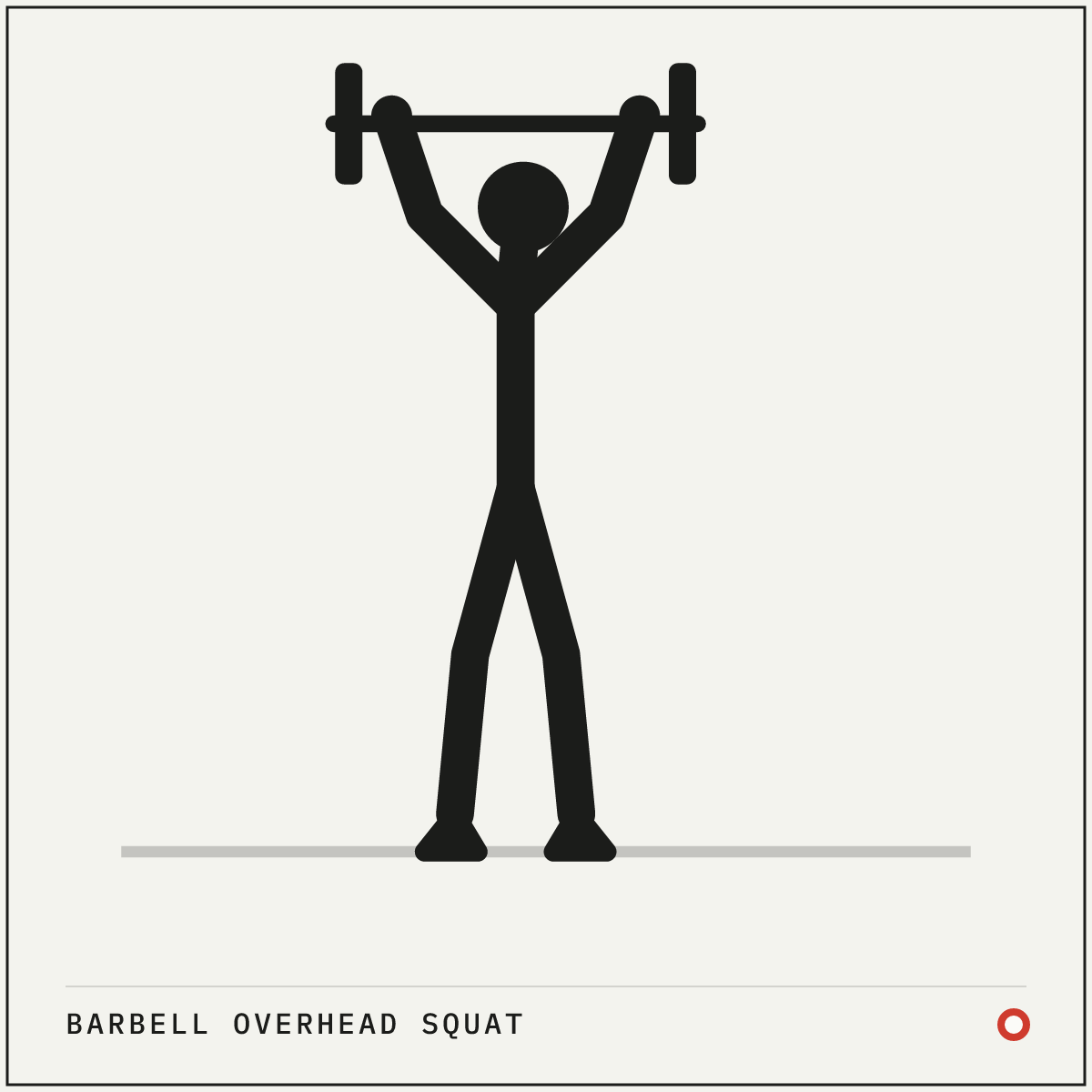 Barbell overhead squat demonstration figure: Take a grip much wider than a bench press grip, wide enough that the bar clears the top of your head when your arms are straight.