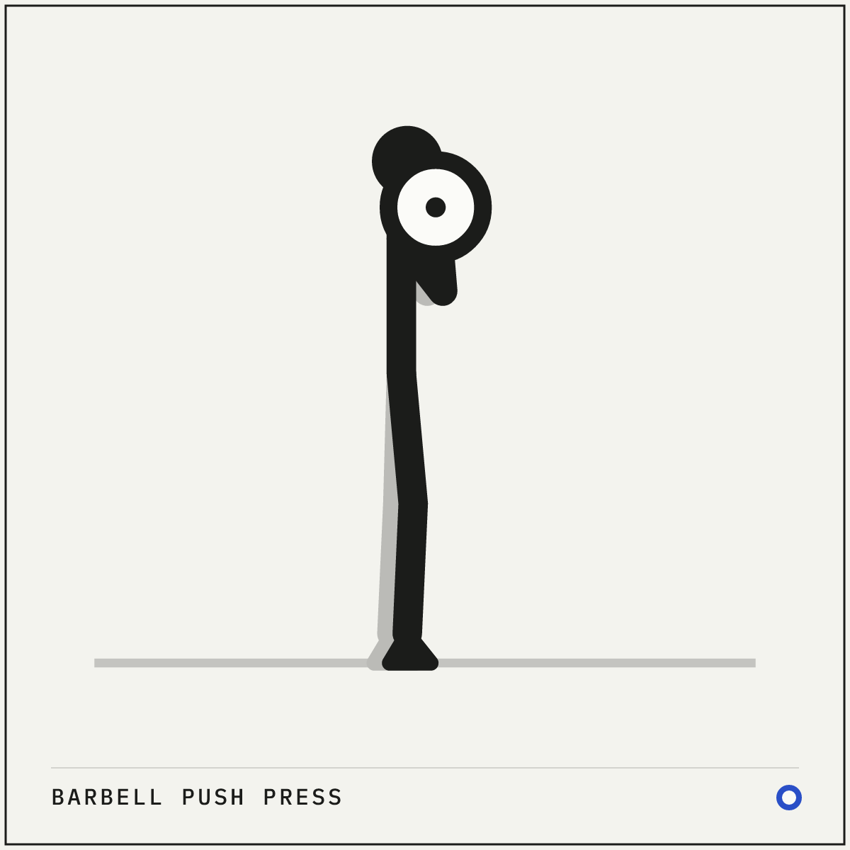 Barbell push press demonstration figure: Stand with the barbell resting on the front of your shoulders, hands slightly wider than your shoulders.