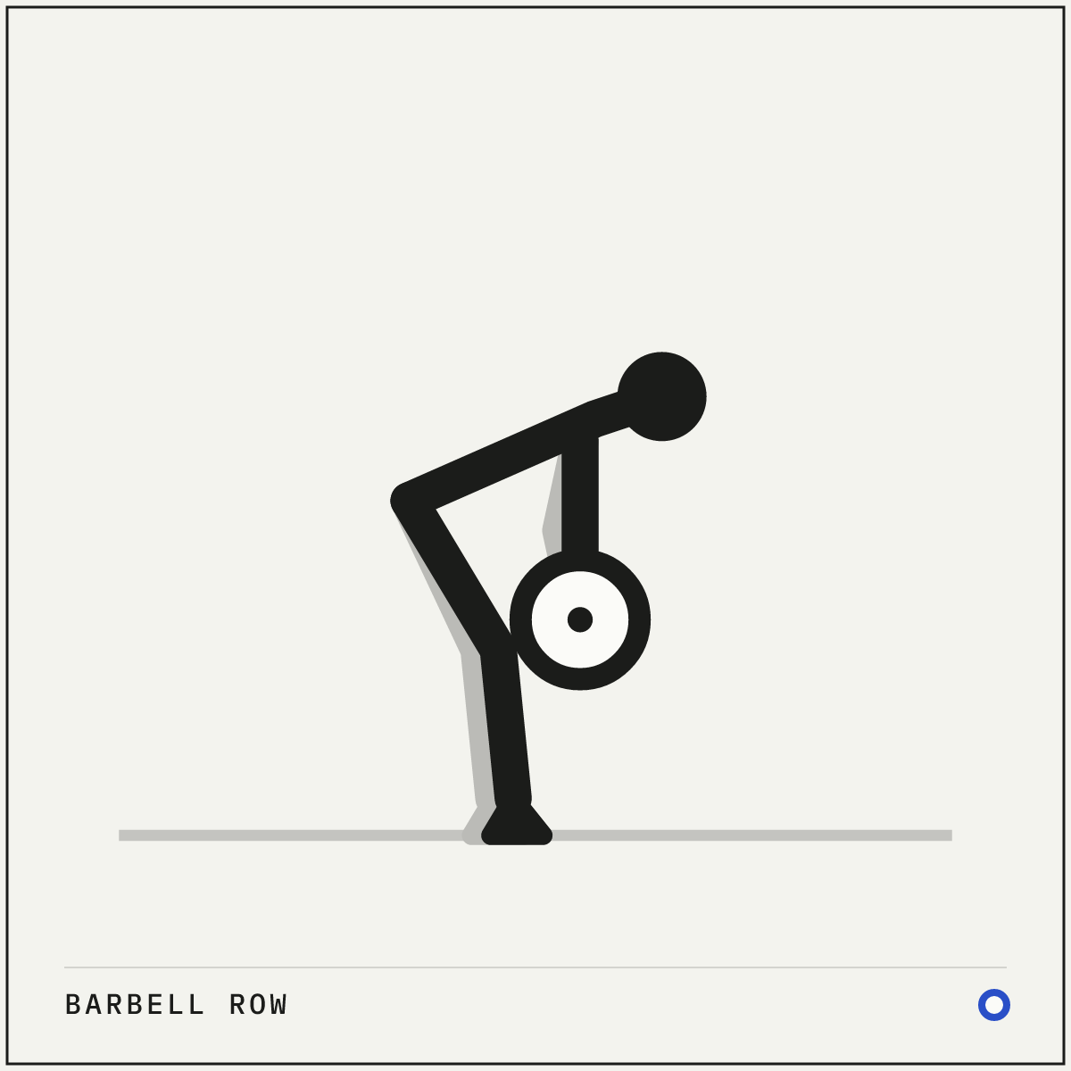 Barbell row demonstration figure: Push your hips back and fold forward to nearly horizontal, with the bar hanging under your shoulders and your back flat.