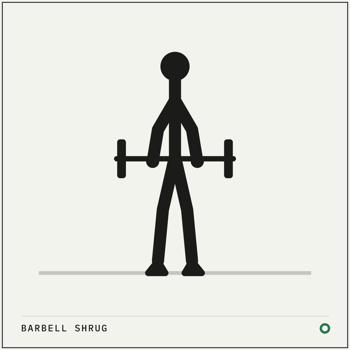 Barbell shrug demonstration figure: Stand with the bar against the front of your thighs, hands just outside your hips, palms facing back.