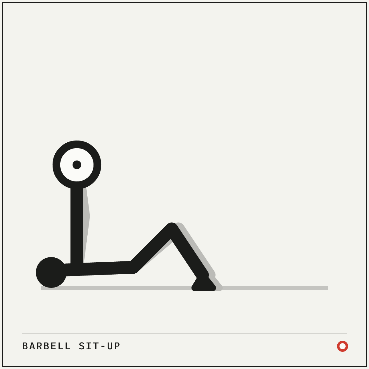 Barbell sit-up demonstration figure: Lie on your back with your knees bent and feet flat on the floor.