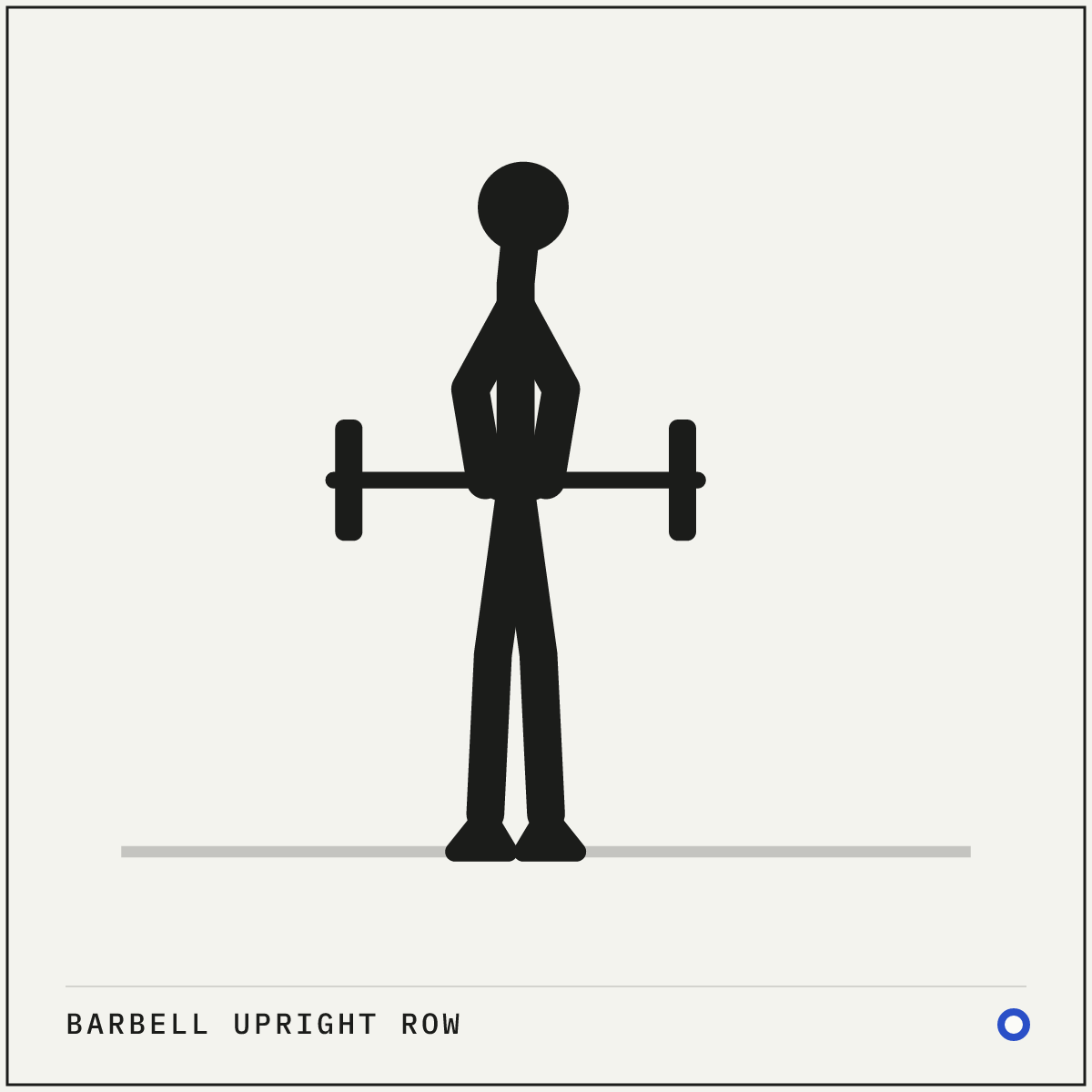 Barbell upright row demonstration figure: Stand tall holding the bar against your thighs with an overhand grip a little wider than your shoulders.