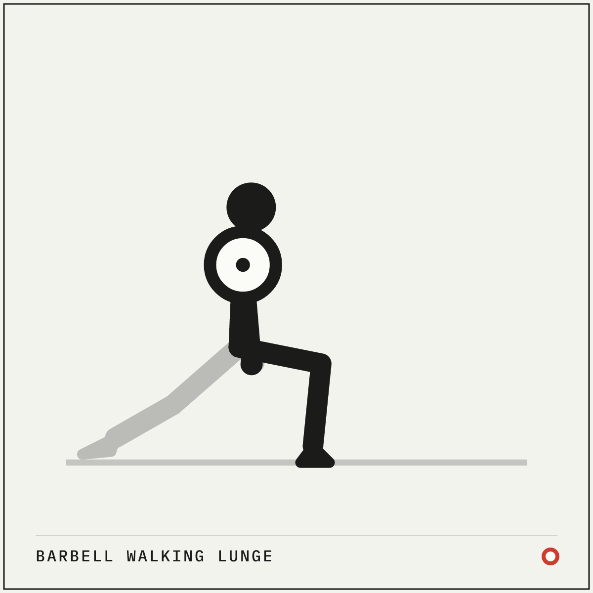 Barbell walking lunge demonstration figure: Rack a barbell across your upper back, gripping it slightly wider than shoulder-width.