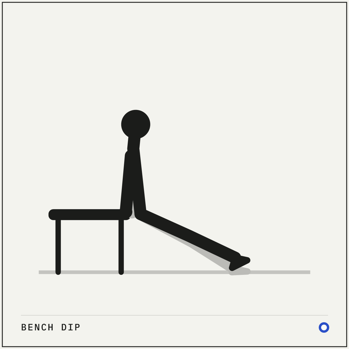 Bench dip demonstration figure: Sit on the edge of the bench with your hands gripping it beside your hips, fingers pointing forward.