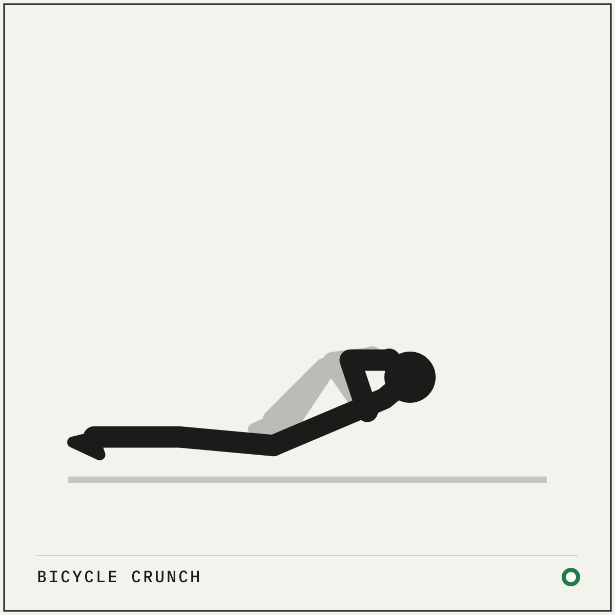 Bicycle crunch demonstration figure: Lie on your back with your hands resting lightly behind your head and your elbows wide.