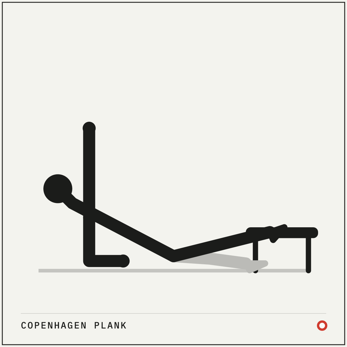 Copenhagen plank demonstration figure: Lie on your side beside a bench with your elbow under your shoulder, forearm flat on the floor.