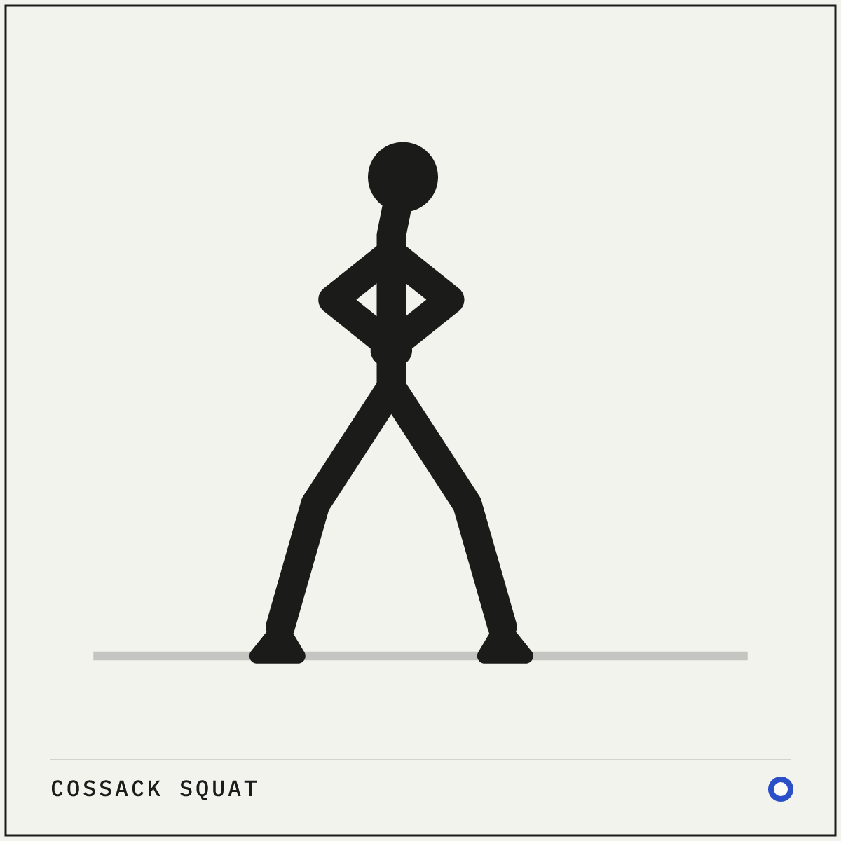 Cossack squat demonstration figure: Stand with your feet much wider than shoulder-width, toes pointing slightly out.
