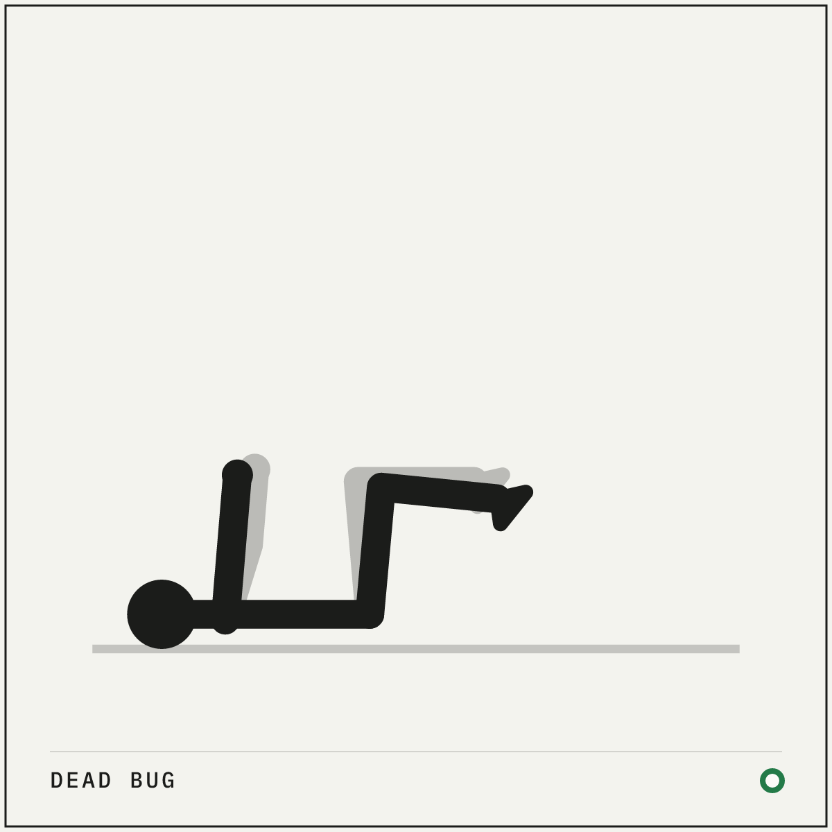 Dead bug demonstration figure: Lie on your back with your arms pointing at the ceiling.