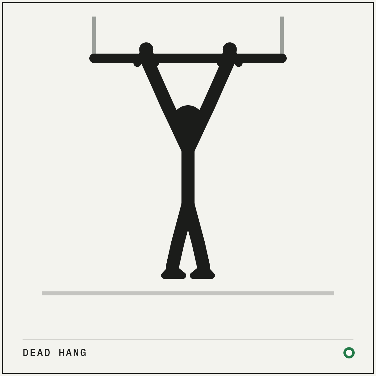 Dead hang demonstration figure: Grip the bar with your palms facing away, hands about shoulder-width apart, thumbs wrapped.