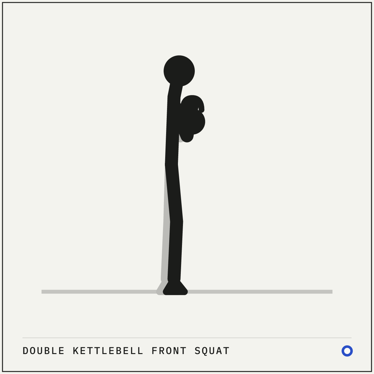 Double kettlebell front squat demonstration figure: Clean two kettlebells to the rack position, resting them on your forearms and chest.