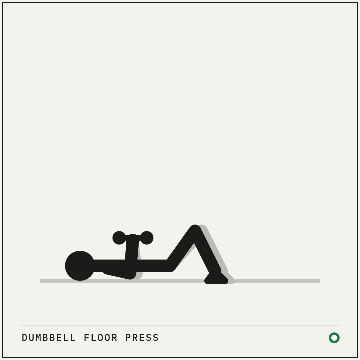 Dumbbell floor press demonstration figure: Lie on your back on the floor with your knees bent and feet flat.
