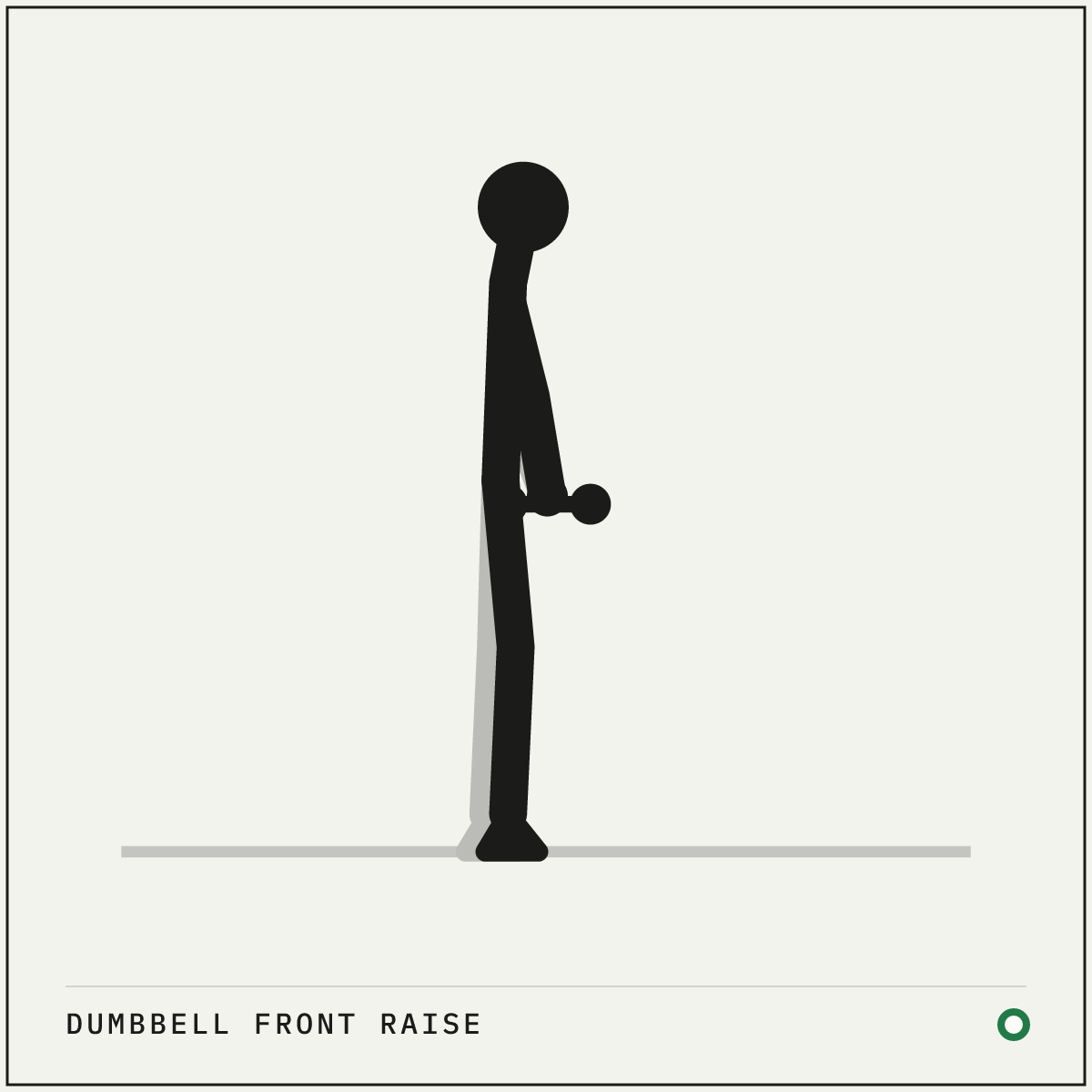 Dumbbell front raise demonstration figure: Stand tall with a dumbbell in each hand resting against the front of your thighs, palms facing you.