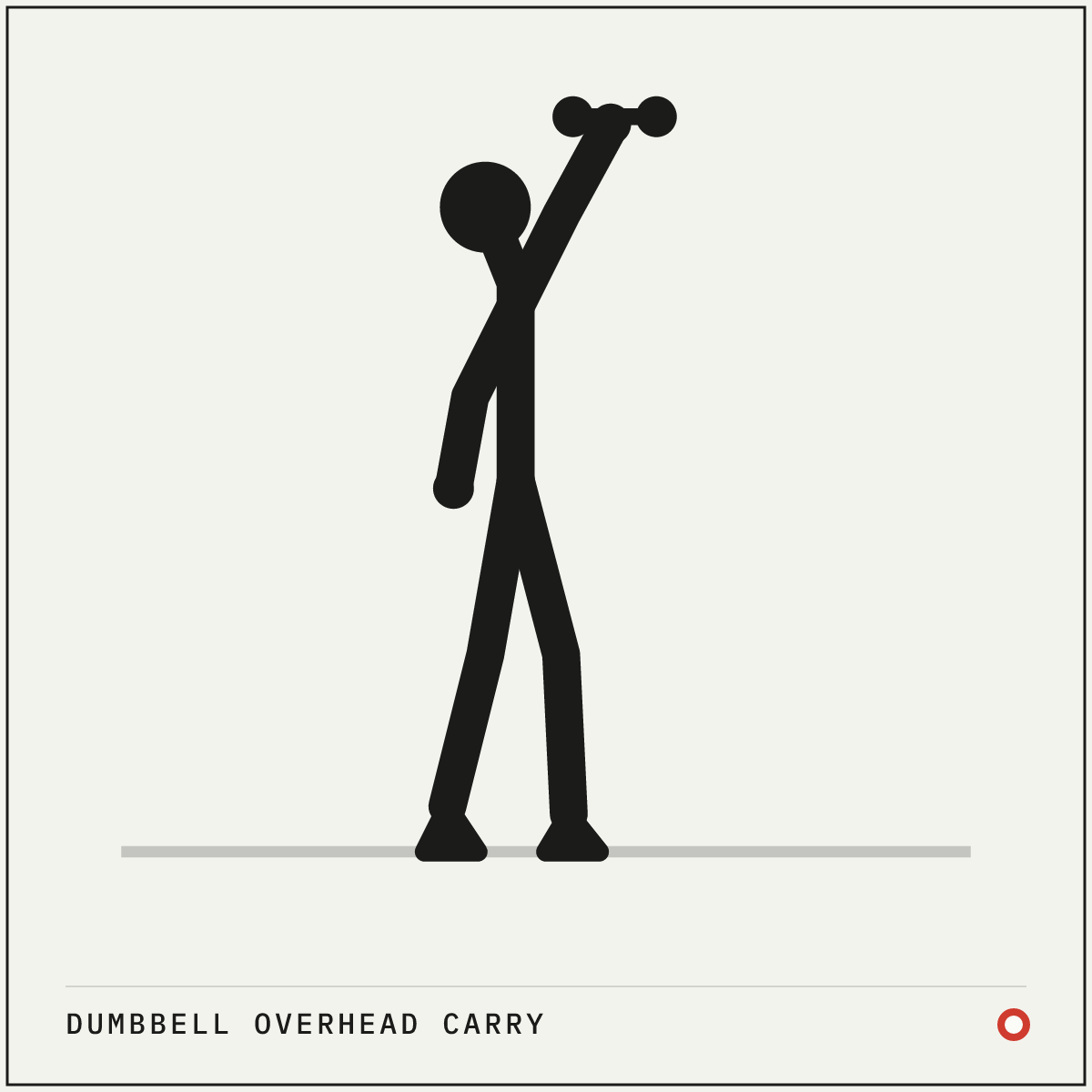Dumbbell overhead carry demonstration figure: Press a dumbbell overhead with one arm until the elbow is locked.