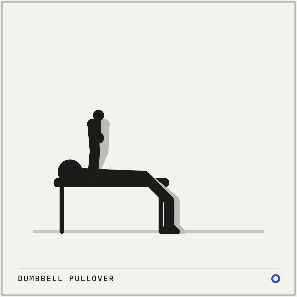 Dumbbell pullover demonstration figure: Lie along the bench with your head supported and your feet flat on the floor.