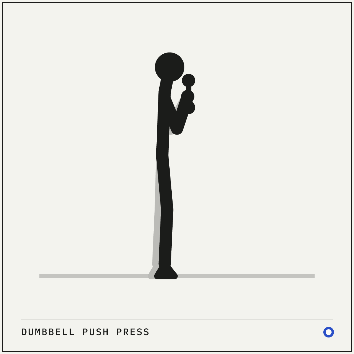 Dumbbell push press demonstration figure: Stand with your feet hip-width apart and a dumbbell in each hand at shoulder height, palms facing forward.