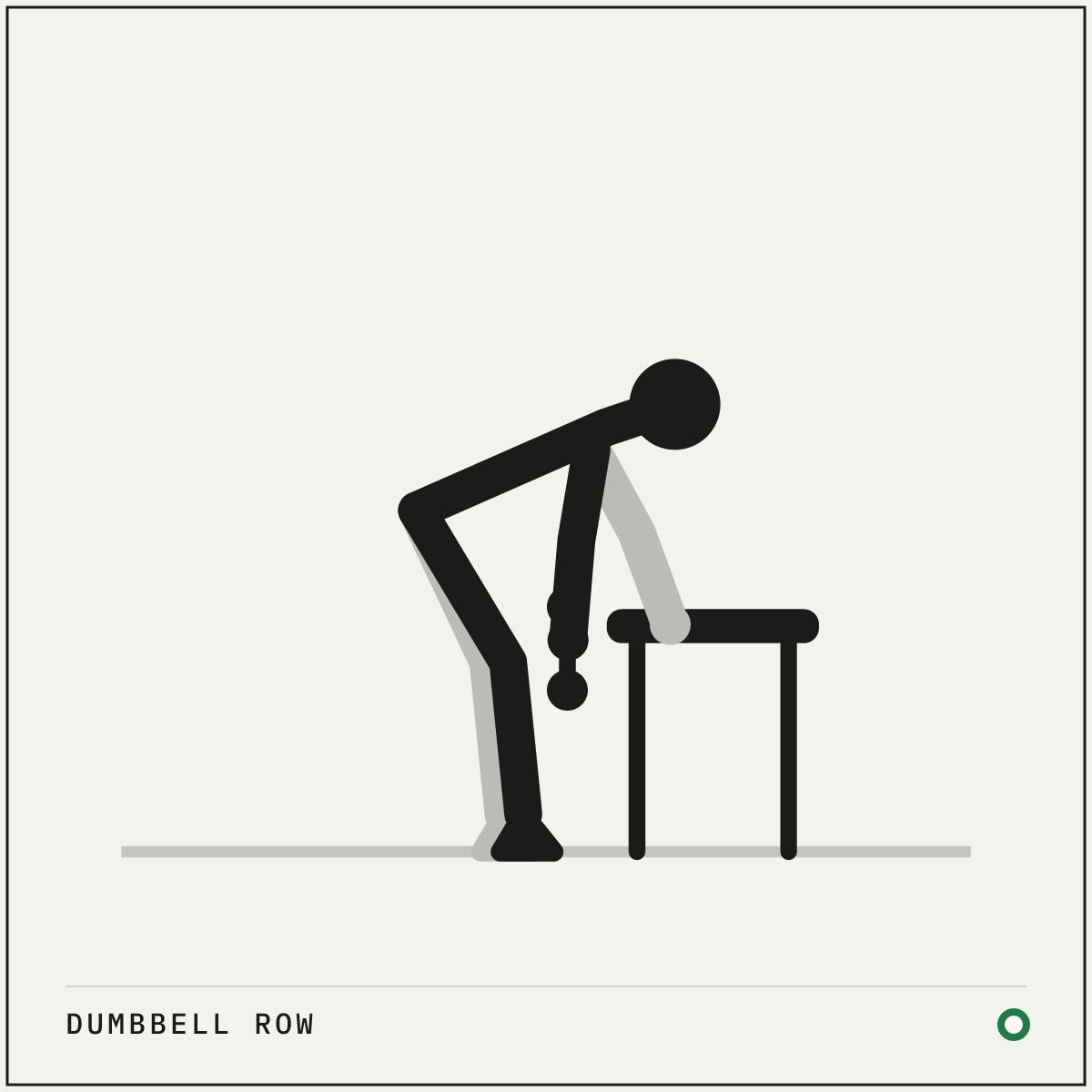 Dumbbell row demonstration figure: Brace one hand on a bench, box or sturdy chair, with your feet staggered and your back flat.