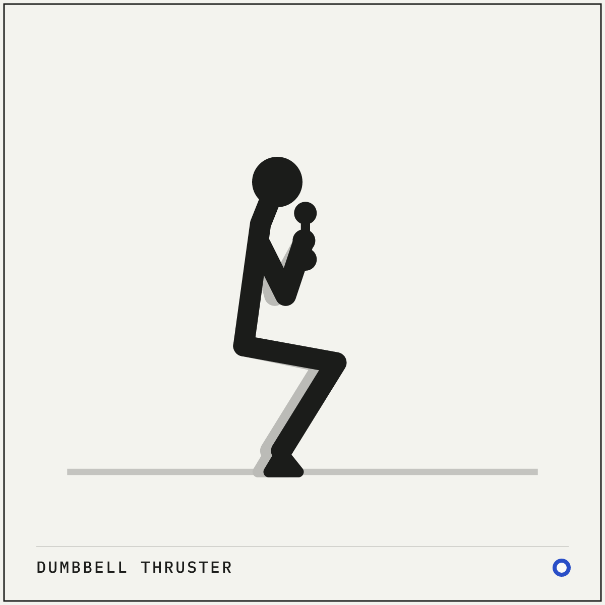 Dumbbell thruster demonstration figure: Stand with your feet shoulder-width apart and a dumbbell resting on each shoulder, palms facing each other.