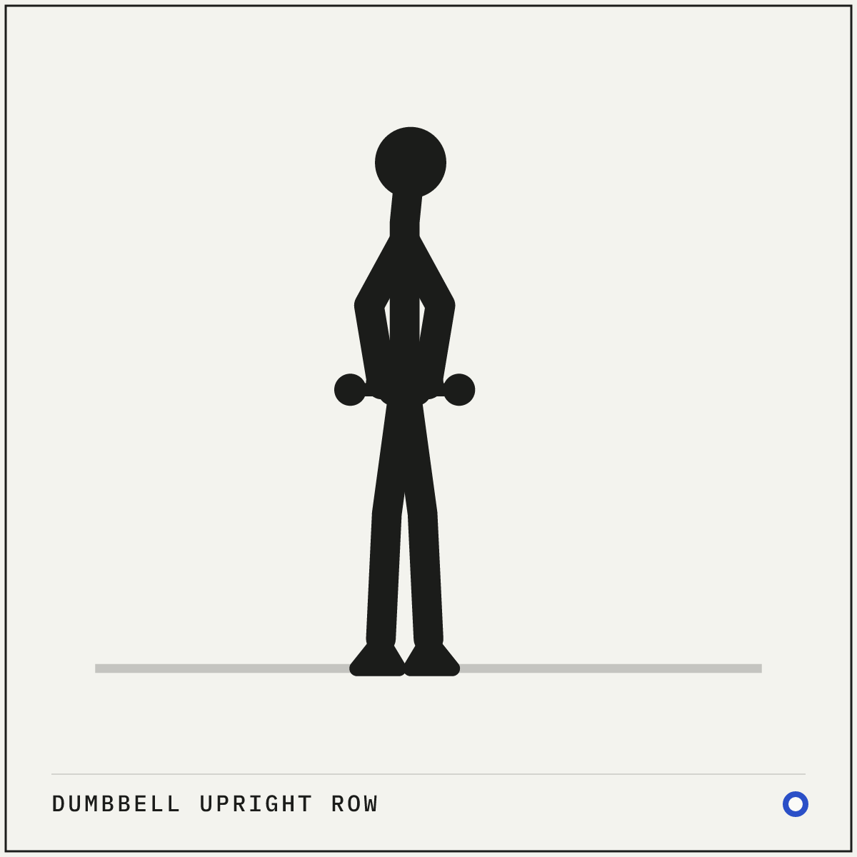 Dumbbell upright row demonstration figure: Stand tall with a dumbbell in each hand, palms facing your thighs, weights resting against the front of your legs.