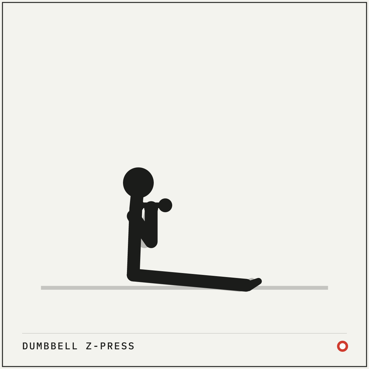 Dumbbell Z-press demonstration figure: Sit on the floor with your legs straight out in front and spread into a wide V.