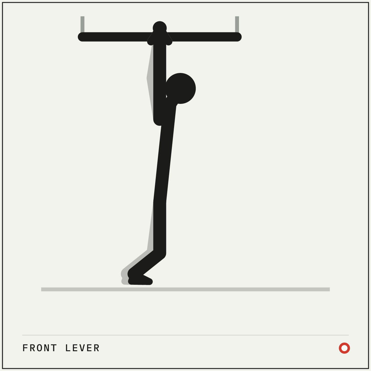Front lever demonstration figure: Hang from a pull-up bar with a shoulder-width overhand grip, arms completely straight.
