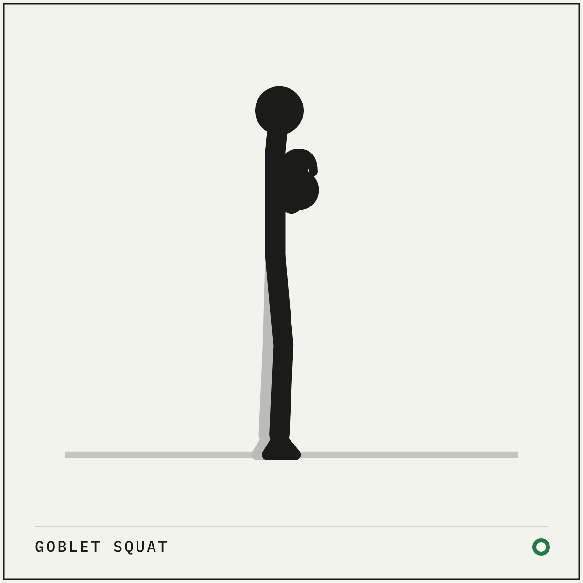 Goblet squat demonstration figure: Hold a dumbbell upright by one end, or a kettlebell by the handle, against your breastbone.