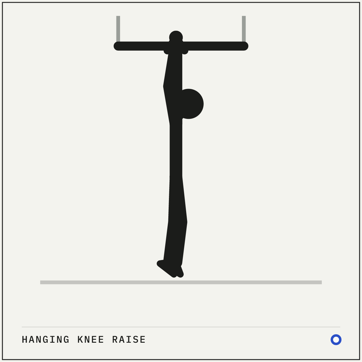 Hanging knee raise demonstration figure: Hang from a bar with your palms facing away, arms straight and shoulders pulled down away from your ears.