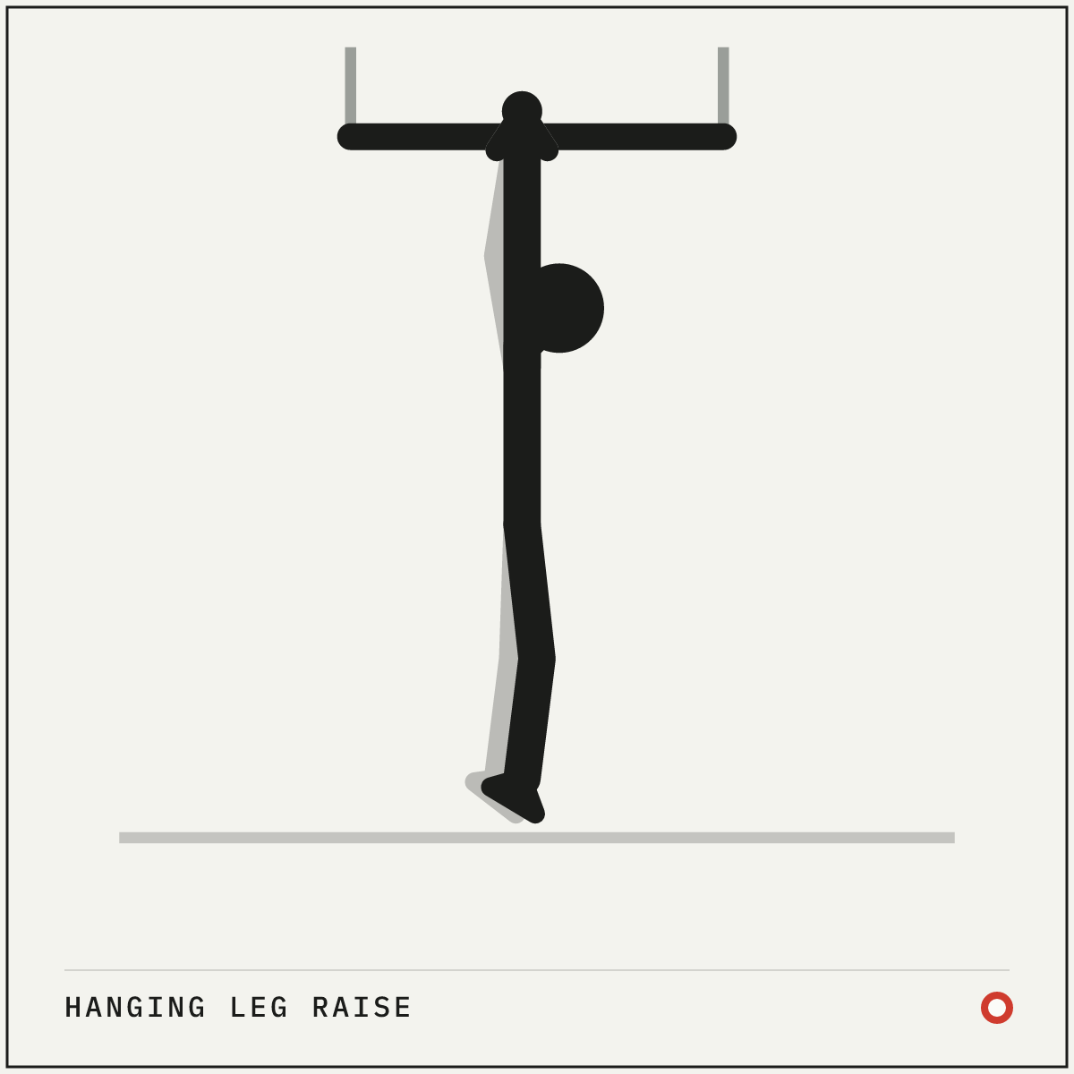 Hanging leg raise demonstration figure: Hang from the bar with your shoulders set and your body still.