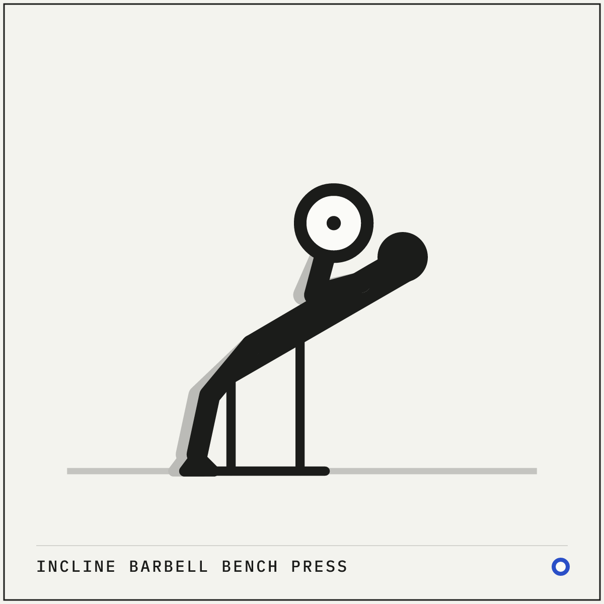 Incline barbell bench press demonstration figure: Set the bench to about 30° and lie back with your eyes under the bar.