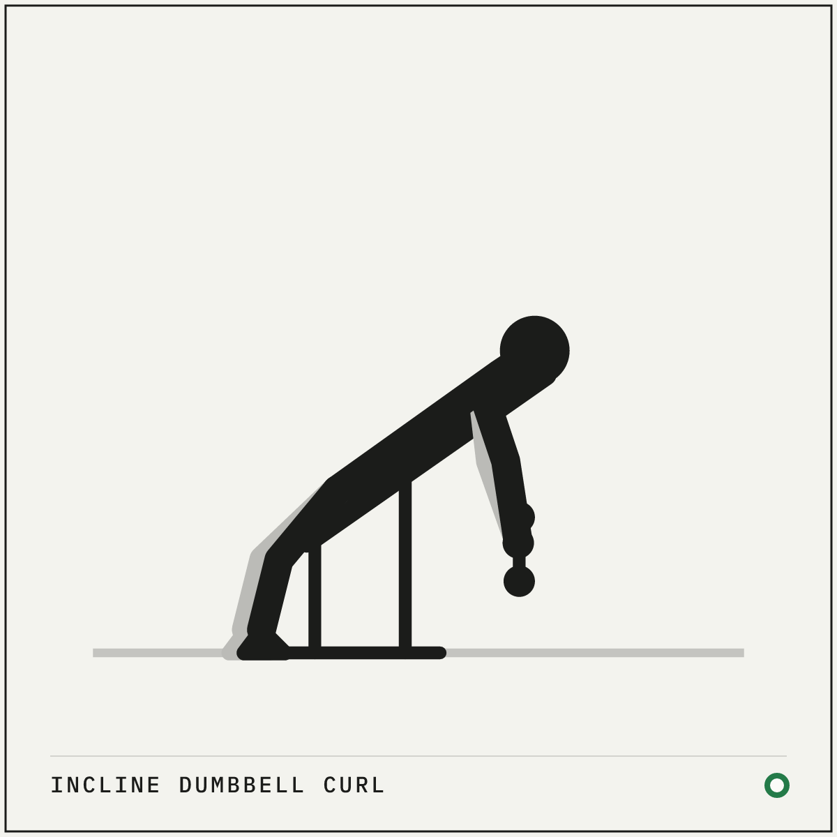 Incline dumbbell curl demonstration figure: Set the bench to a moderate incline, around 40°, and sit back against the pad with a dumbbell in each hand.