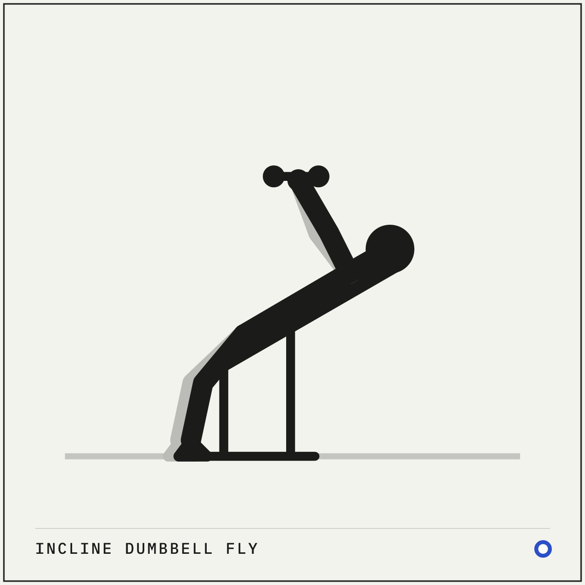 Incline dumbbell fly demonstration figure: Set the bench to about 30° and lie back with a dumbbell above your upper chest in each hand, palms facing each other.