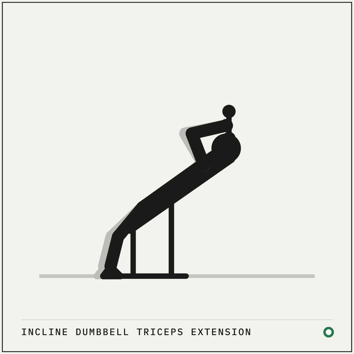 Incline dumbbell triceps extension demonstration figure: Set the bench to a moderate incline, around 40°, and lie back with a dumbbell in each hand, palms facing each other.