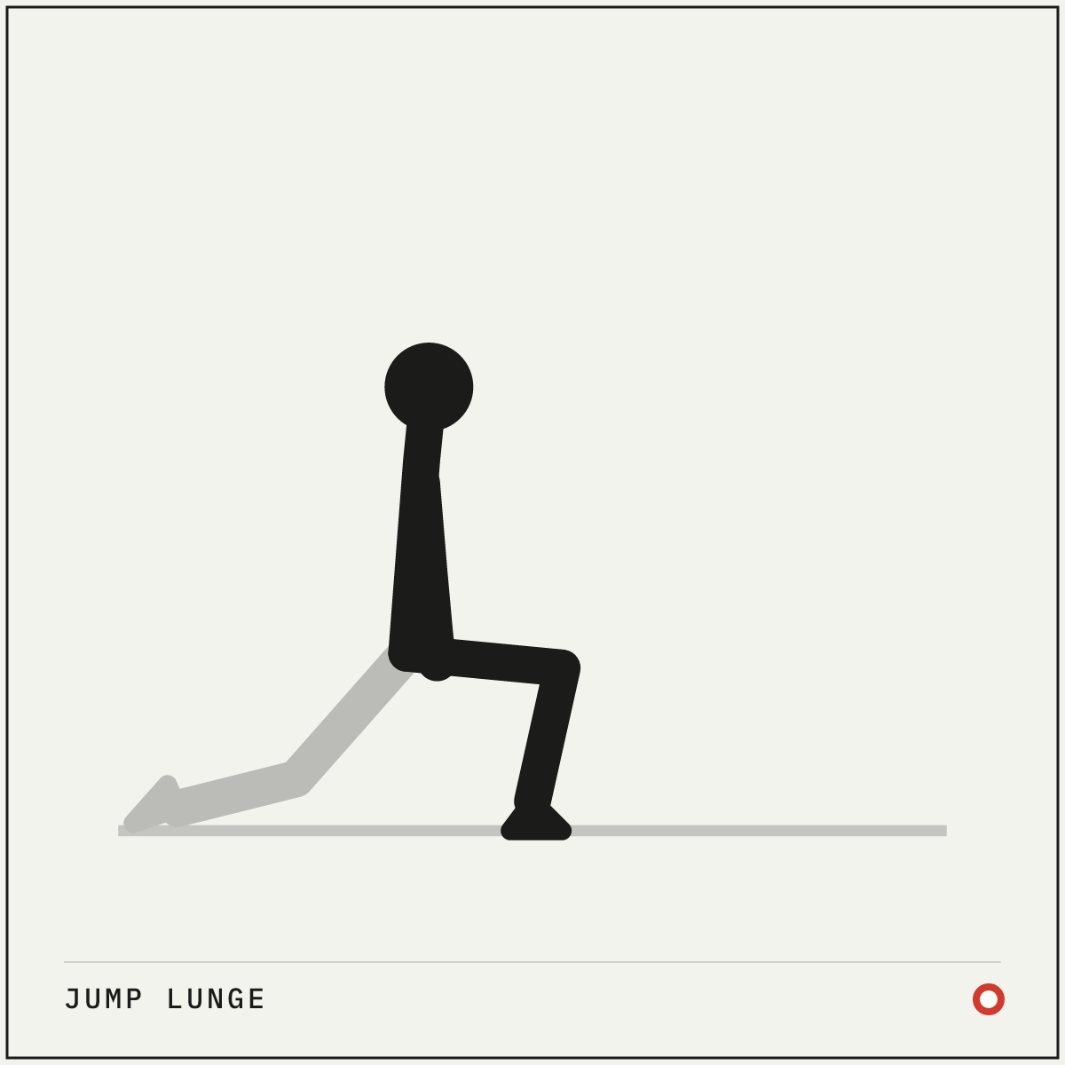 Jump lunge demonstration figure: Step into a long lunge stance, back knee hovering just above the floor.