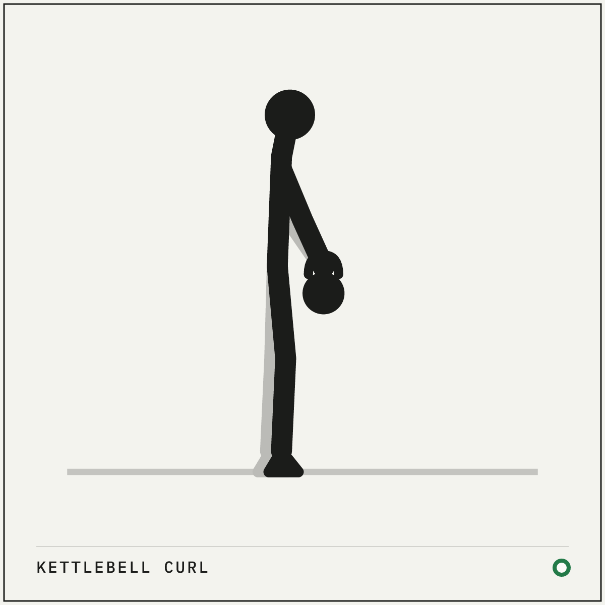 Kettlebell curl demonstration figure: Stand tall with a kettlebell in each hand, palms facing forward and the bells hanging below your fists.