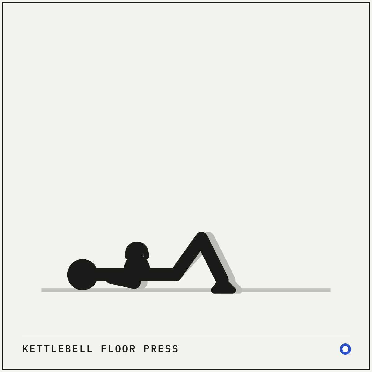 Kettlebell floor press demonstration figure: Lie on your back with your knees bent and feet flat, and pull a kettlebell to each shoulder so it rests against the back of your forearm.
