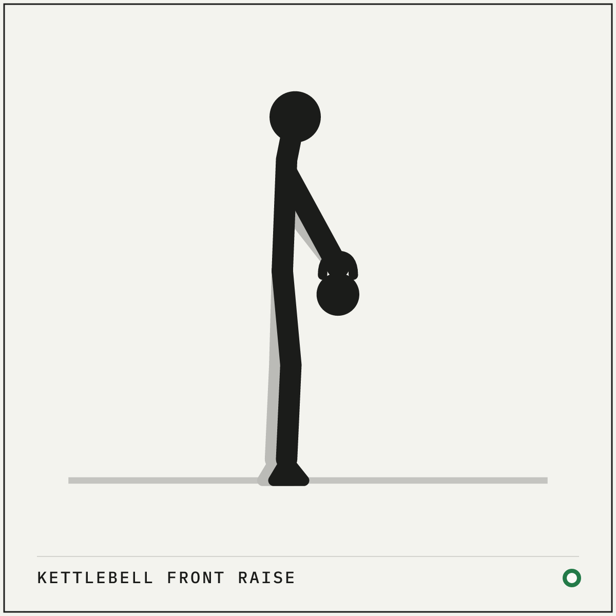 Kettlebell front raise demonstration figure: Hold one kettlebell by the horns with both hands, so the bell hangs below your hands.