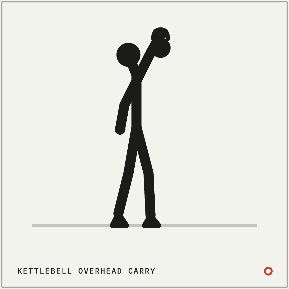 Kettlebell overhead carry demonstration figure: Clean a kettlebell to your shoulder, then press it overhead until the elbow is locked.
