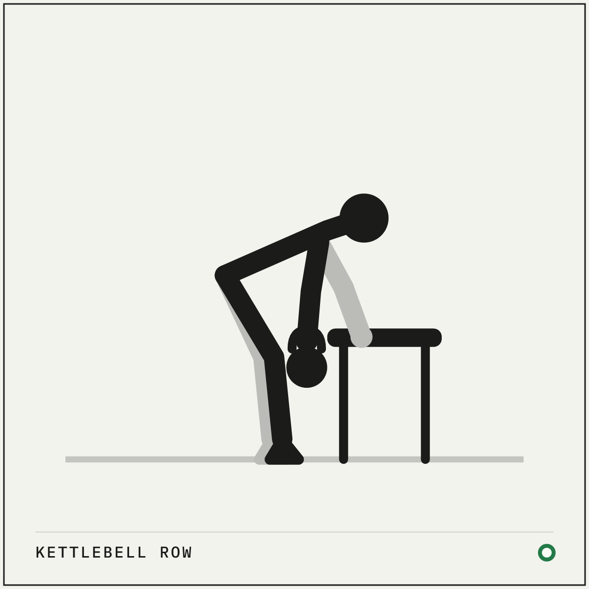 Kettlebell row demonstration figure: Brace one hand on a bench, box or sturdy chair, with your feet staggered and your back flat.
